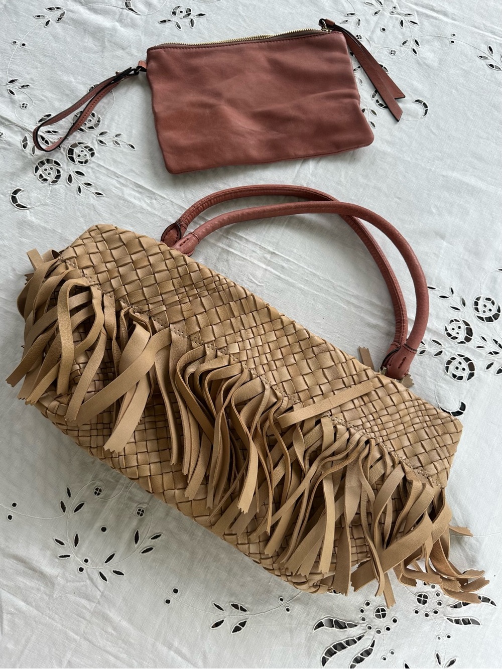 Falor Firenze Italian Leather Woven Fringe Shoulder Bag in Tan with Wristlet